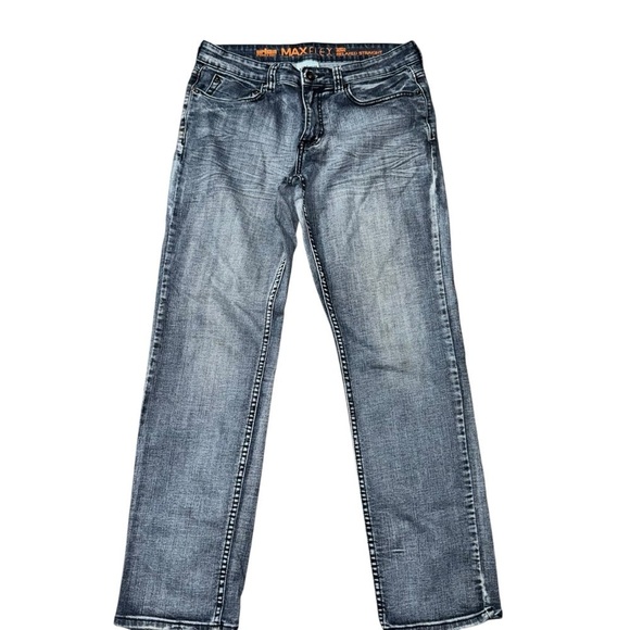 Max Flex Blue Mens 32 X 31 Blue Bootcut Med Rise Faded Whisker Lines Denim Jeans - Picture 2 of 6